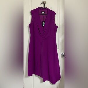 DKNY Purple Pleated Notched Collar Dress